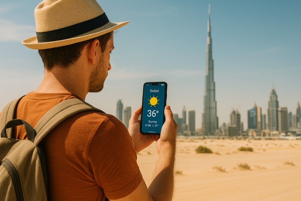 A traveler checking weather updates on a smartphone in Dubai with Burj Khalifa in the background