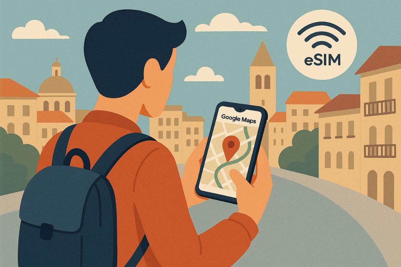 Flat travel illustration showing a traveler using Google Maps on a smartphone in a foreign city while eSIM enables seamless data connection