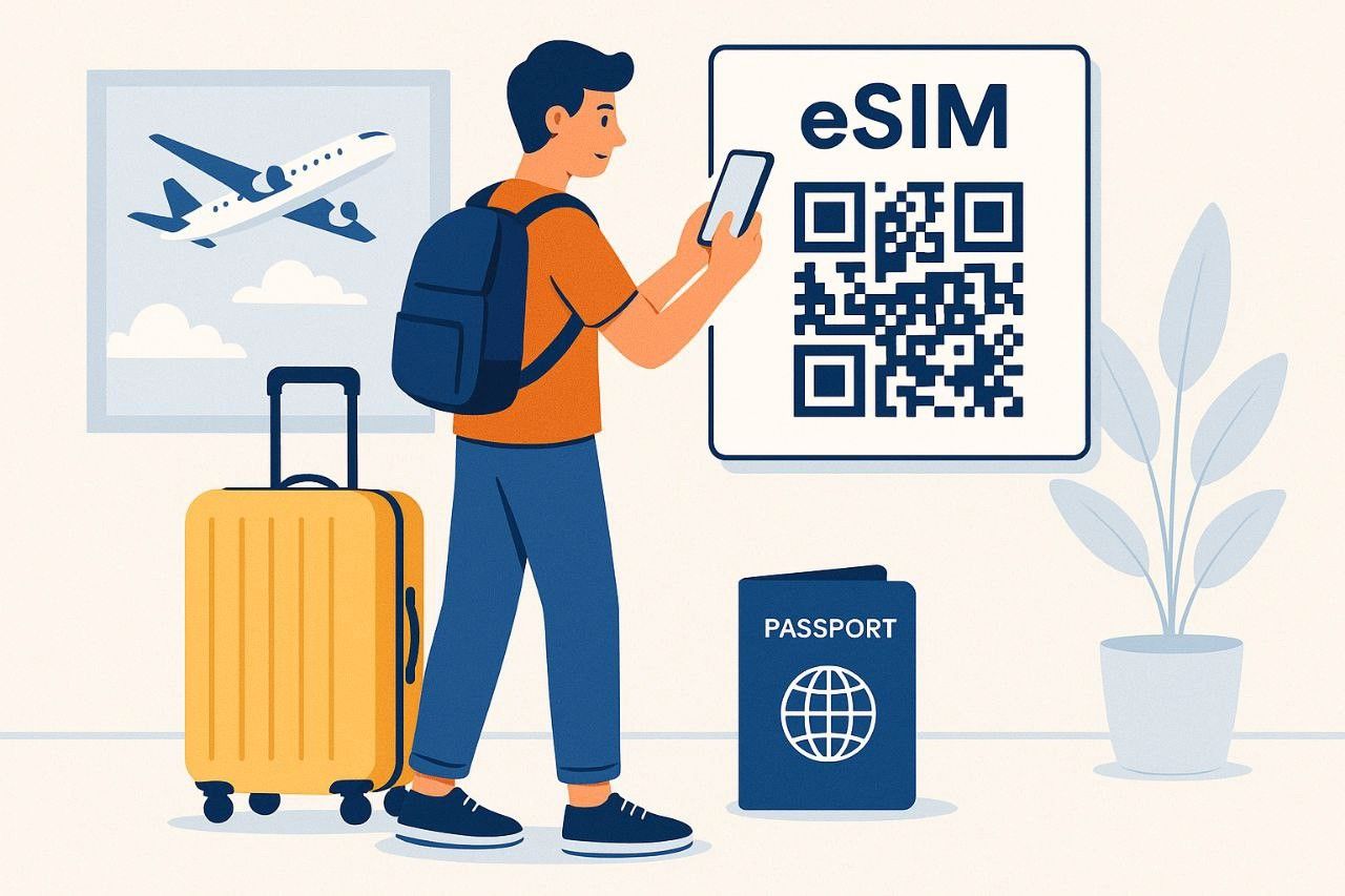 Modern travel illustration showing a person scanning a QR code to activate an eSIM while preparing for a trip abroad