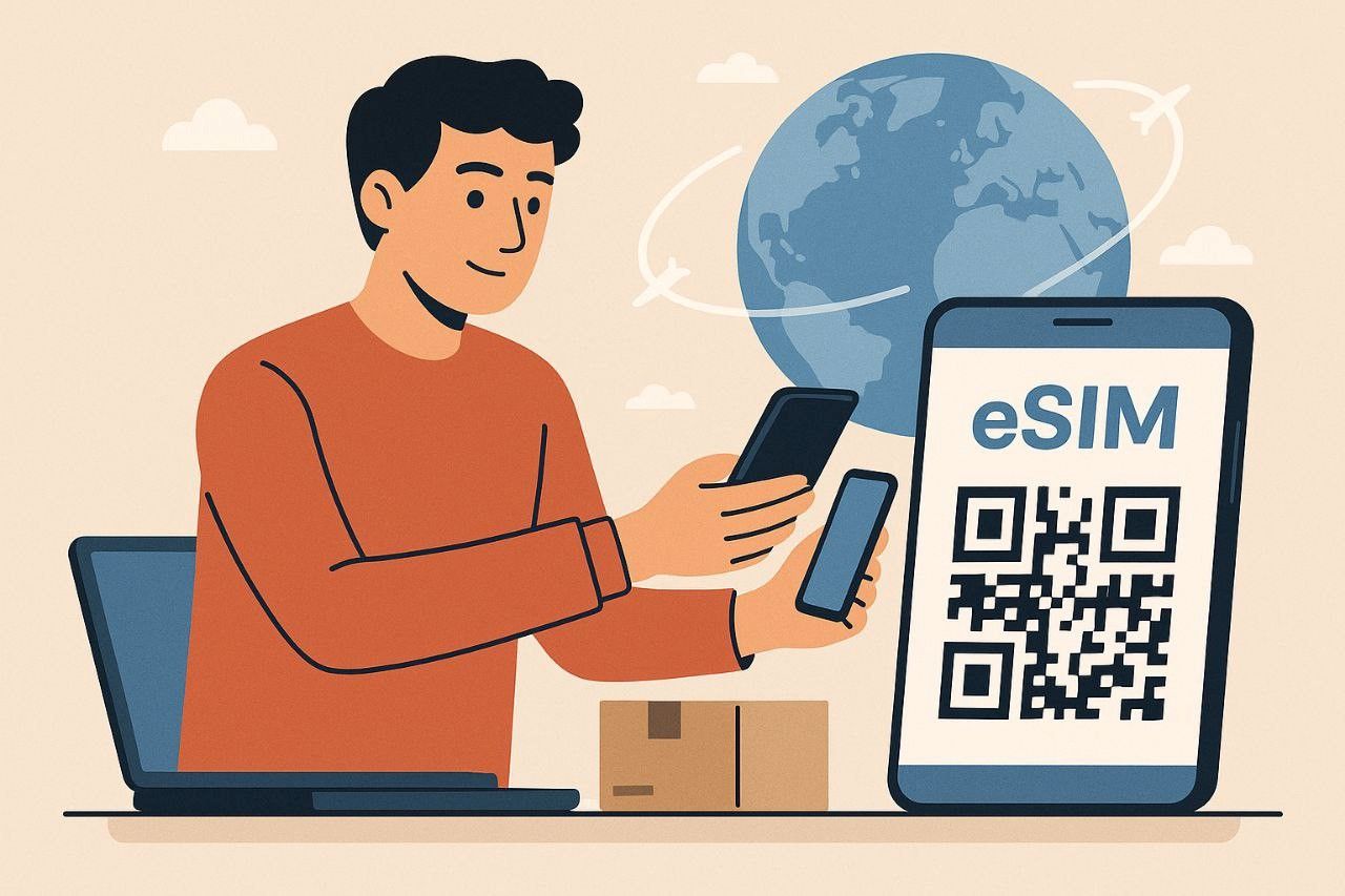 Flat vector illustration of a digital nomad entrepreneur scanning a QR code to activate eSIM before an international trip