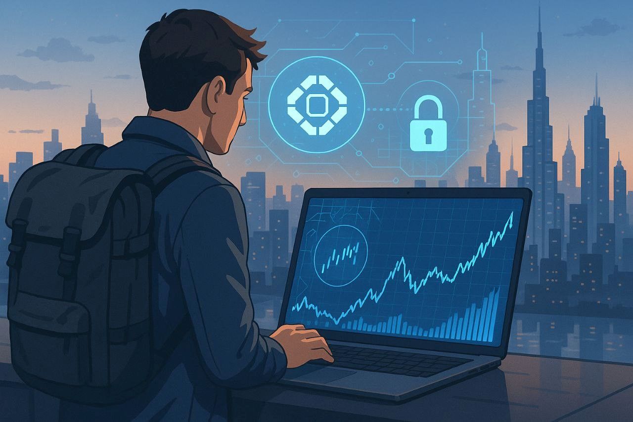 A traveler analyzing blockchain charts on a secure connection while overlooking a city skyline 