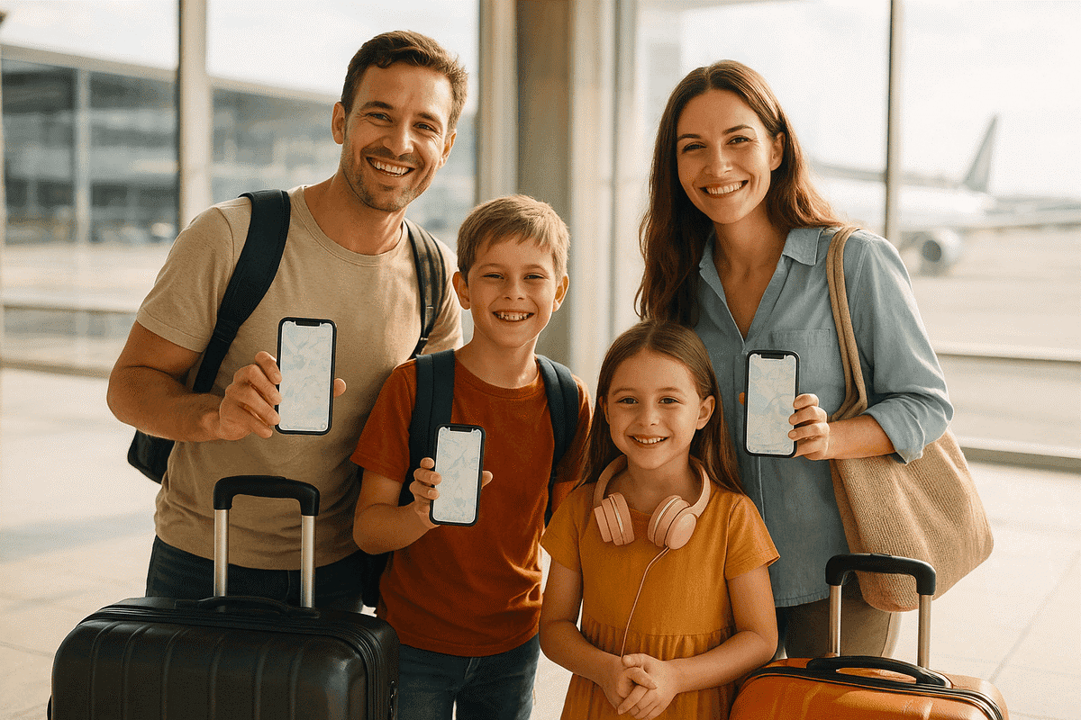 Family at airport using eSIM data