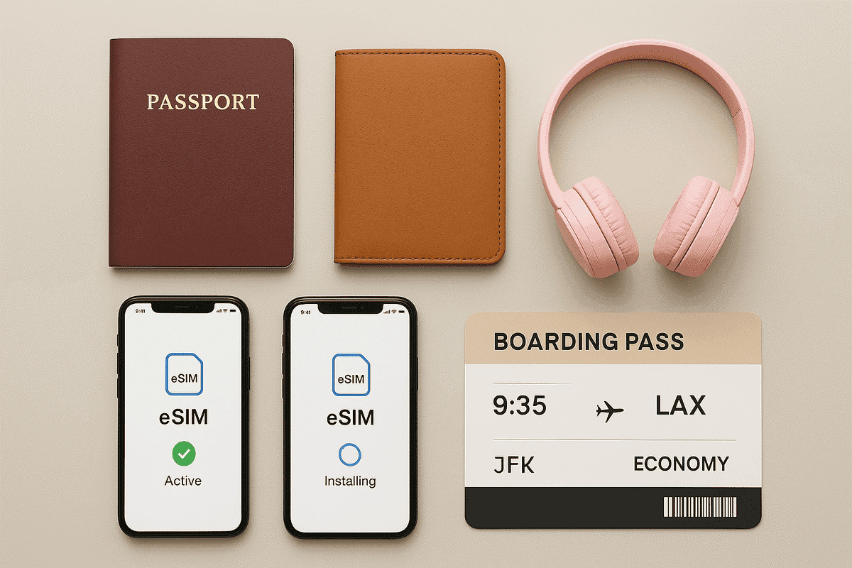 Travel flat lay showing phones with eSIM profiles