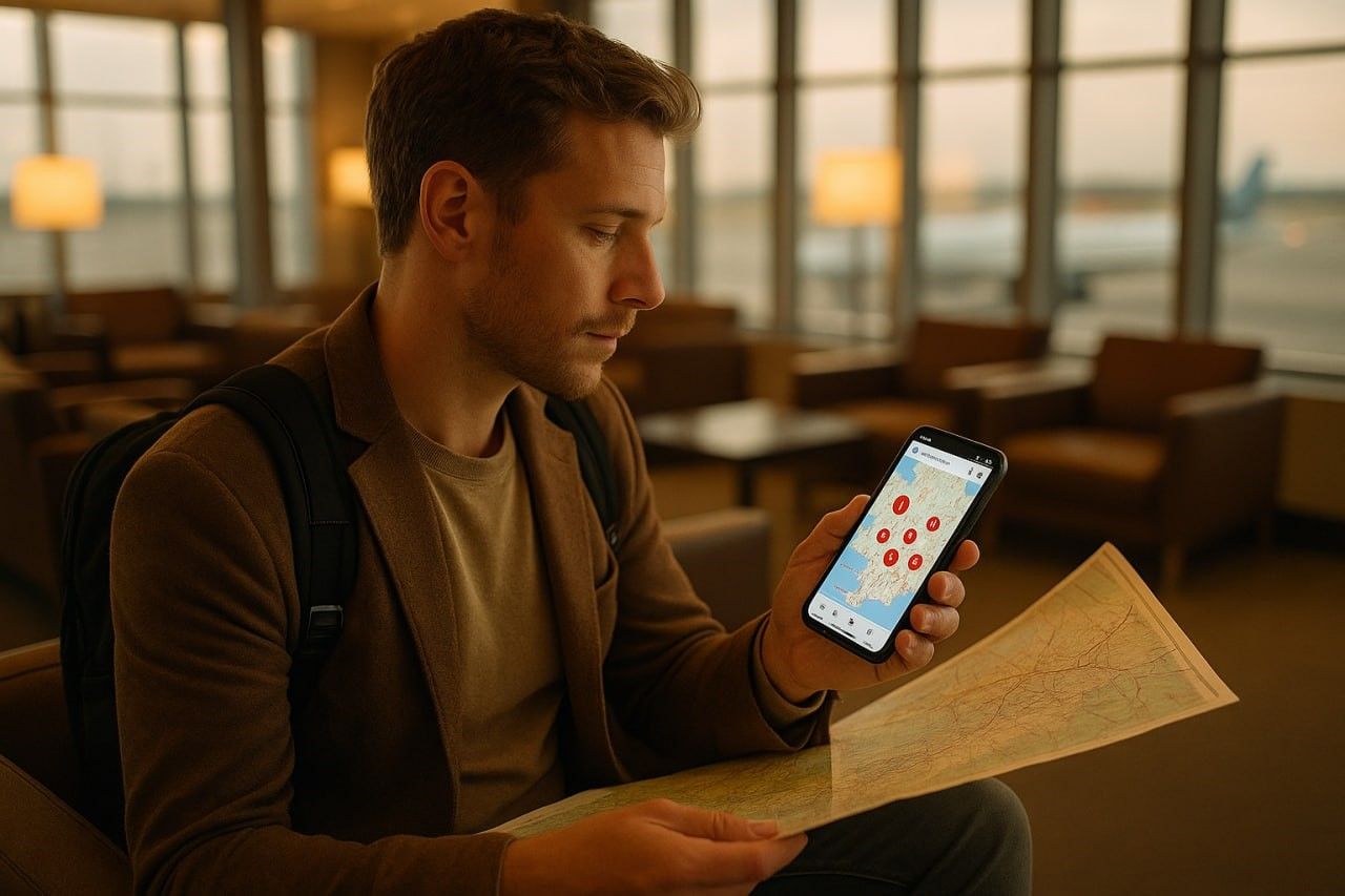 Traveler sitting in an airport lounge, checking a map on their smartphone to find McDonald's abroad