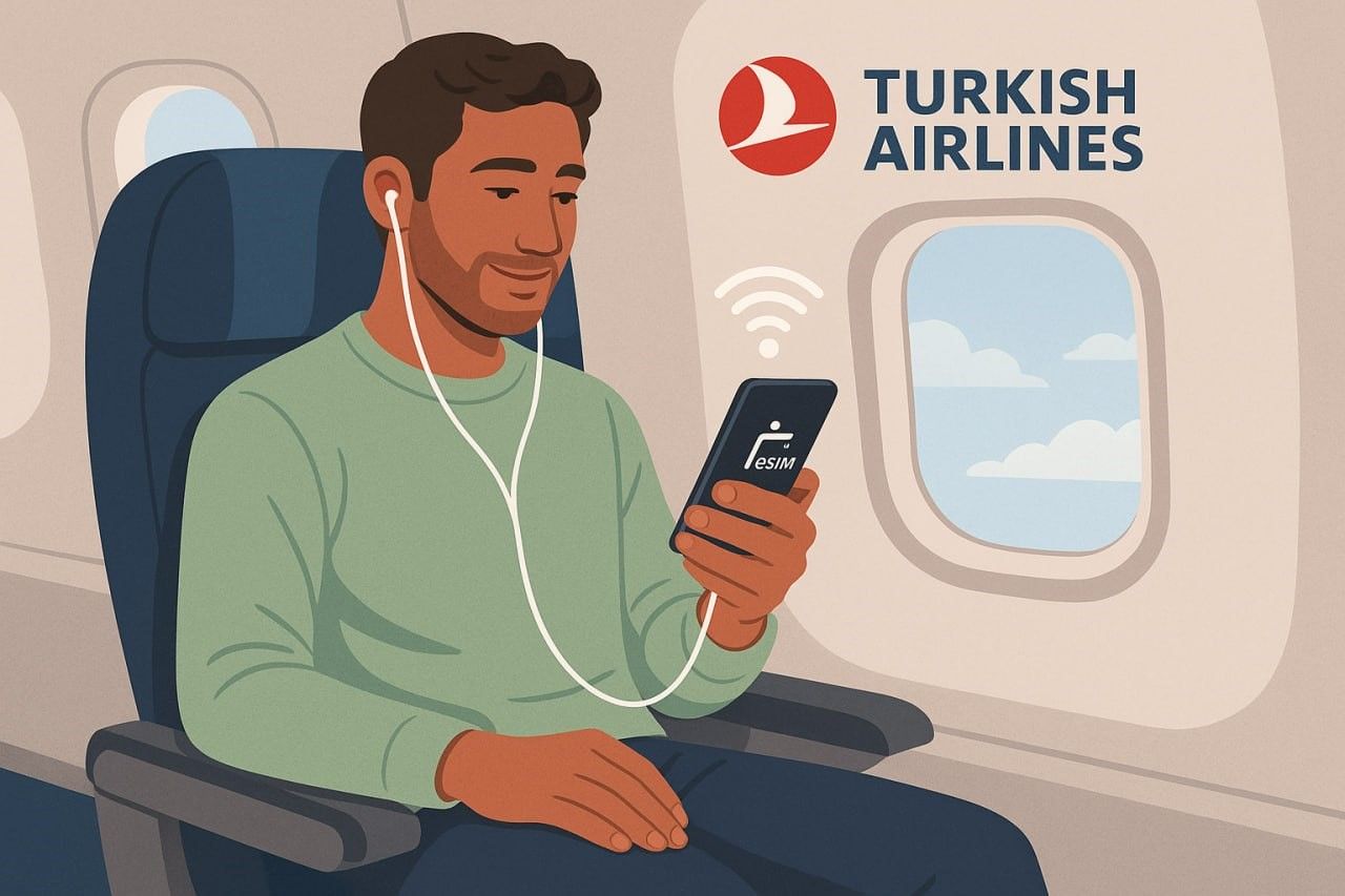 Illustration of a Turkish Airlines passenger checking their phone mid-flight, enjoying in-flight Wi-Fi and eSIM connectivity