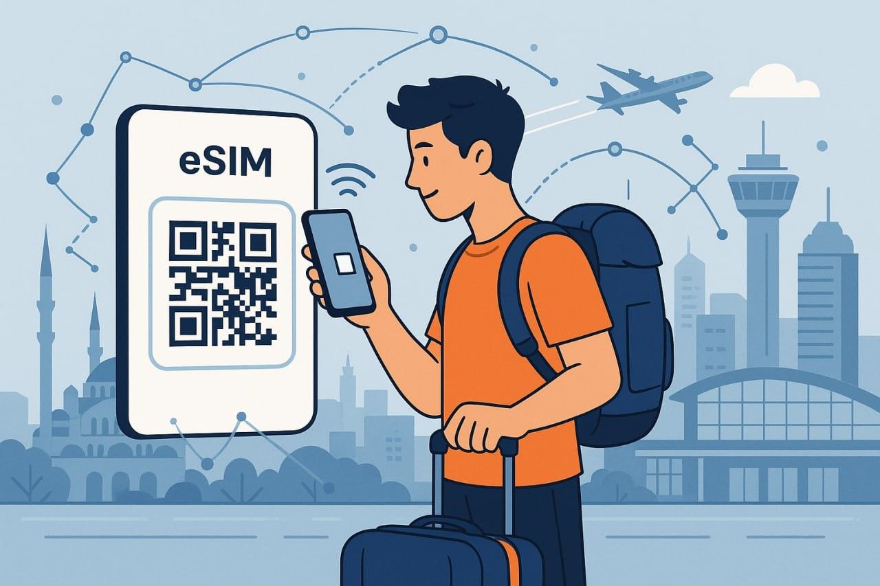 Illustration of a traveler in Istanbul scanning a QR code to activate an eSIM