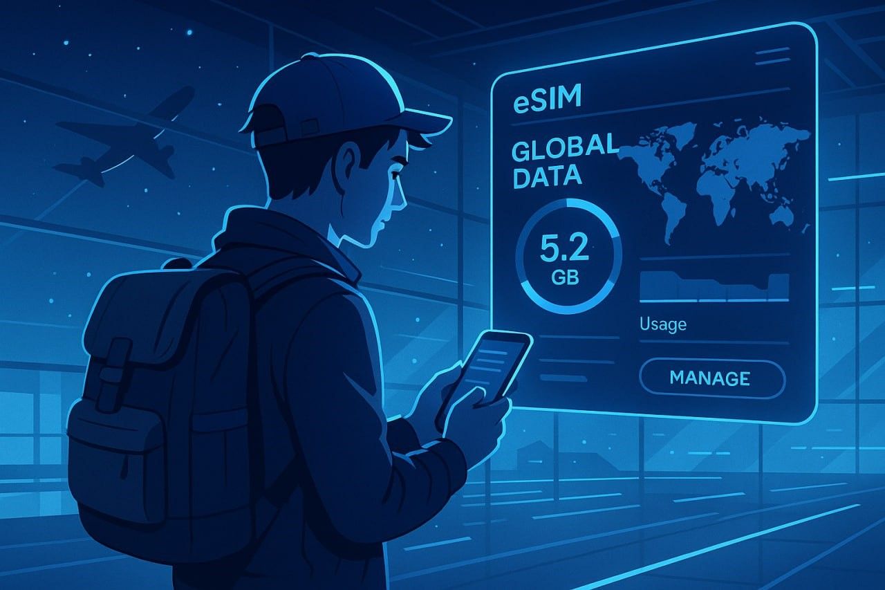 Illustration of a traveler using smartphone eSIM dashboard showing global data coverage, futuristic and efficient travel vibe