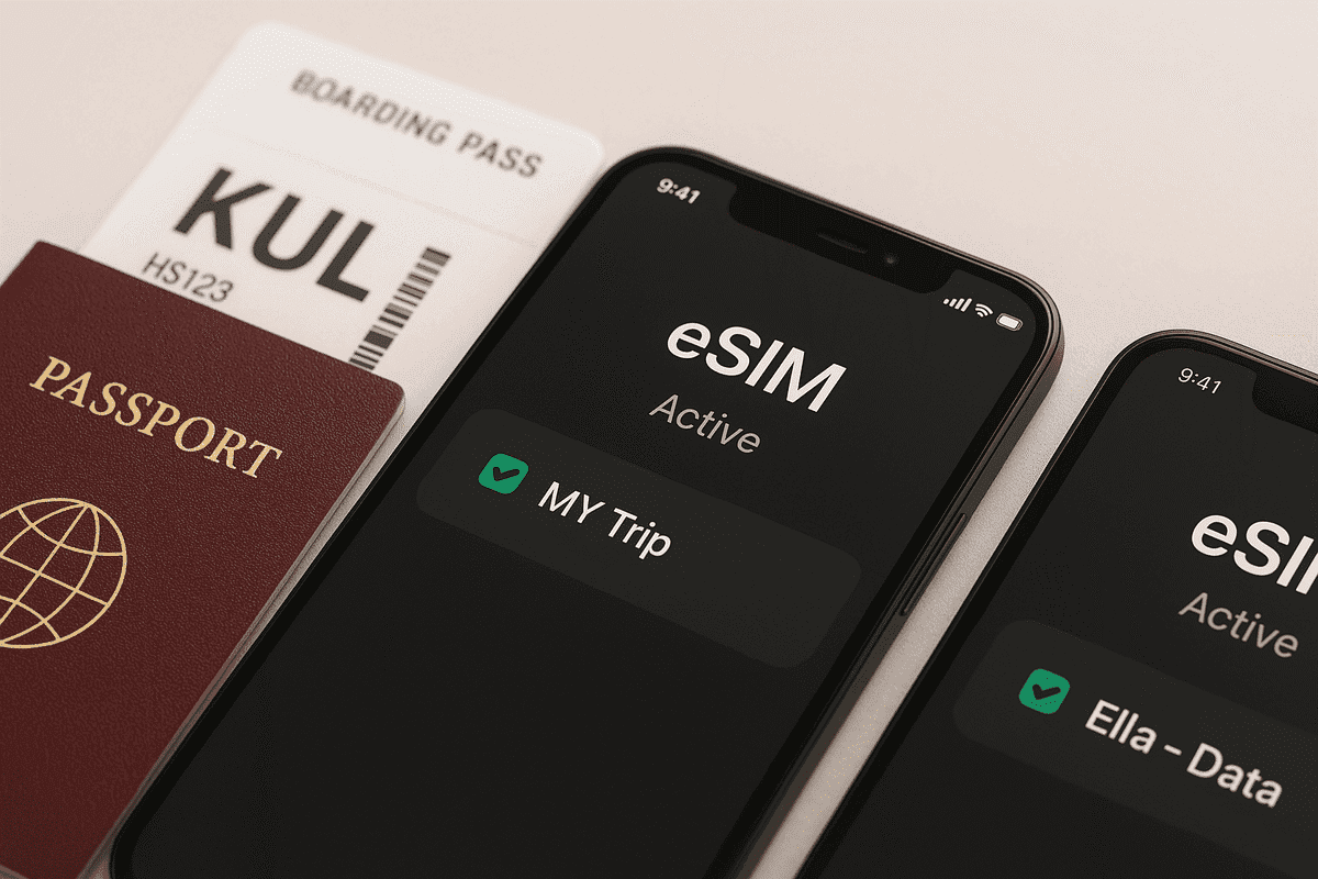 Phones showing active eSIM profiles beside passport
