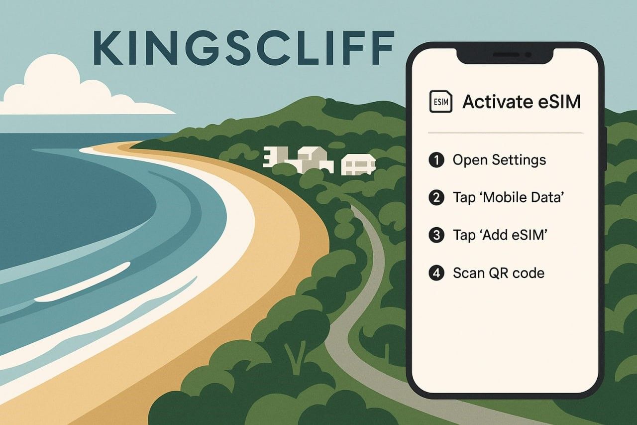 Minimalist aerial-style illustration of Kingscliff coastline with smartphone UI overlay showing eSIM activation steps