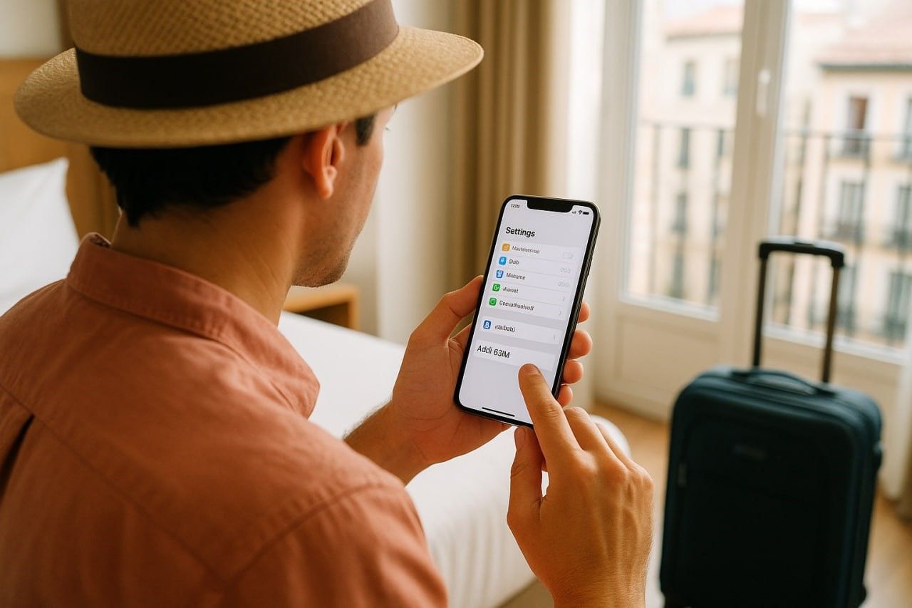 Traveler installing an eSIM on their smartphone in a Madrid hotel, bright natural lighting