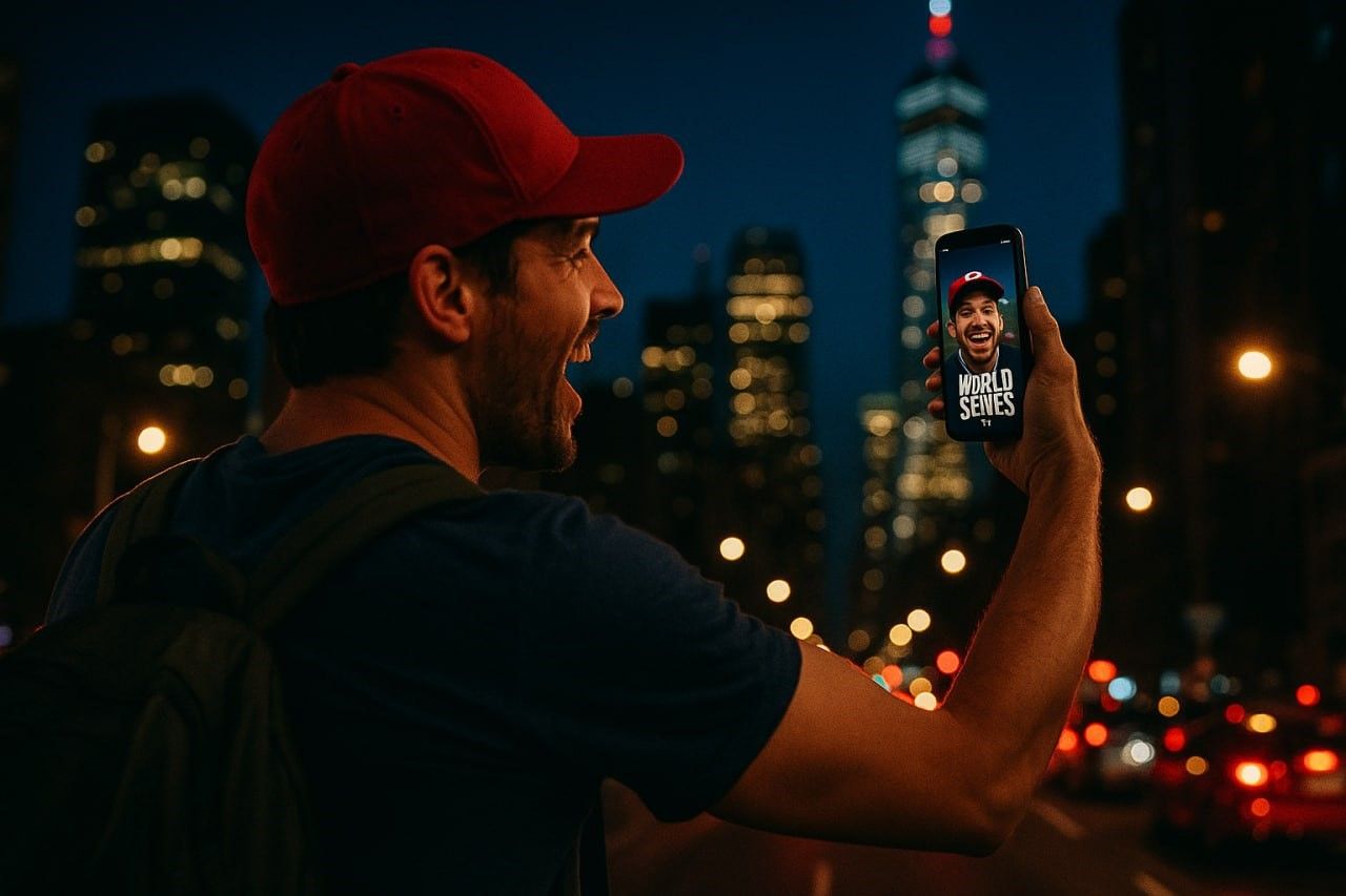 Traveler documenting the World Series journey on a smartphone with an active North America eSIM