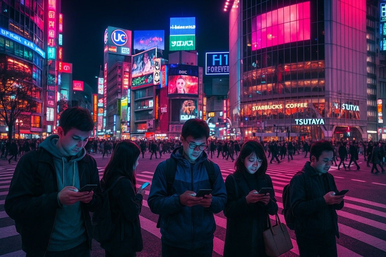 Night view of Shibuya Crossing with travelers using smartphones, energetic cyberpunk tones