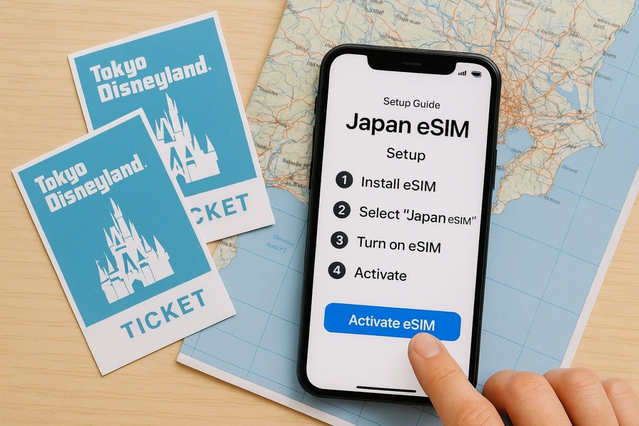 Flat-lay image of traveler activating a Japan eSIM on smartphone next to Tokyo Disneyland tickets and a map