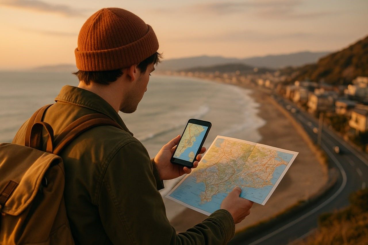 Traveler using smartphone with map open while overlooking Kamakura coastline
