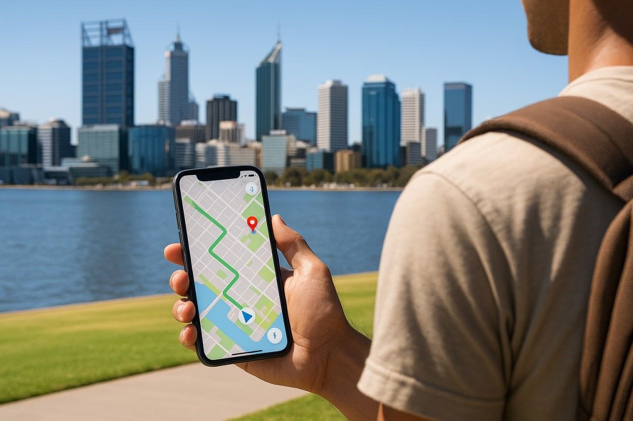 Traveler holding phone with map app open overlooking Perth skyline