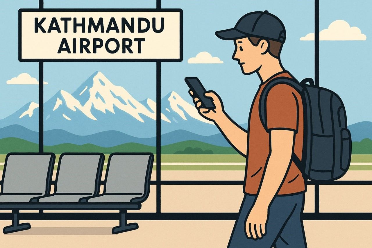 Traveler using smartphone at Kathmandu airport terminal with mountains visible in distance