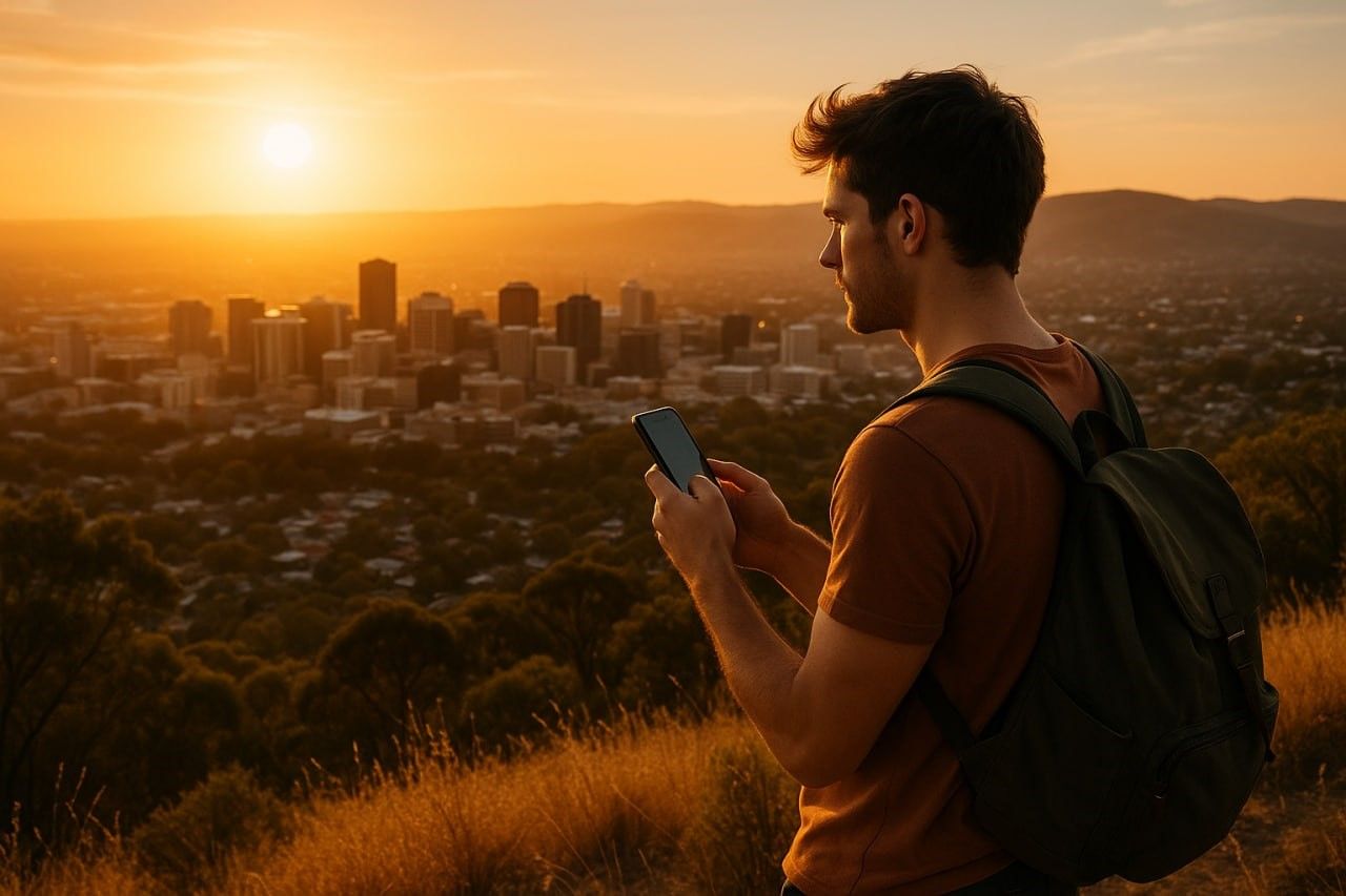 Scenic view of Adelaide city skyline and surrounding hills with a traveller using a smartphone outdoors