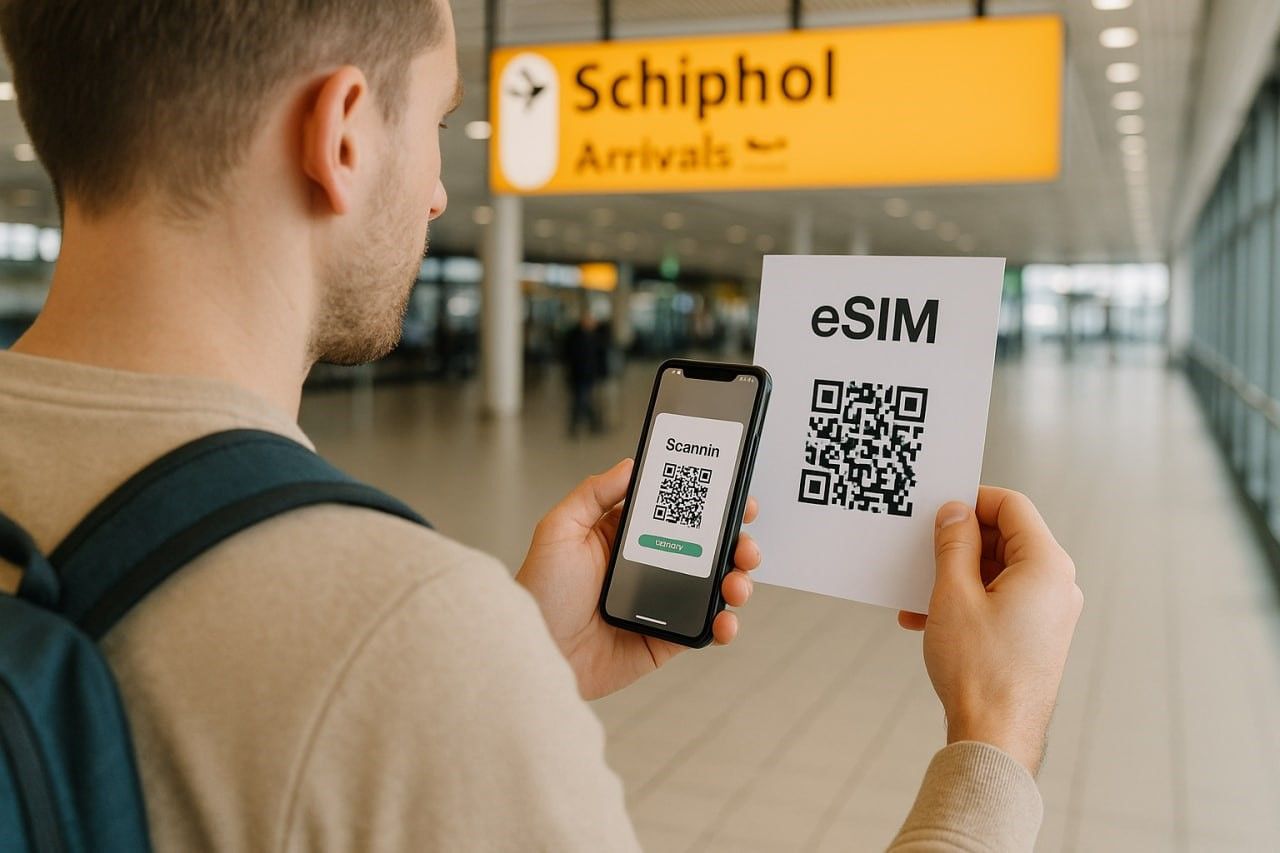 A traveler scanning a QR code to activate an eSIM on a smartphone inside Schiphol Airport