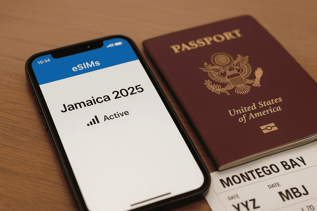 Smartphone showing active eSIM profile beside passport in Jamaica airport