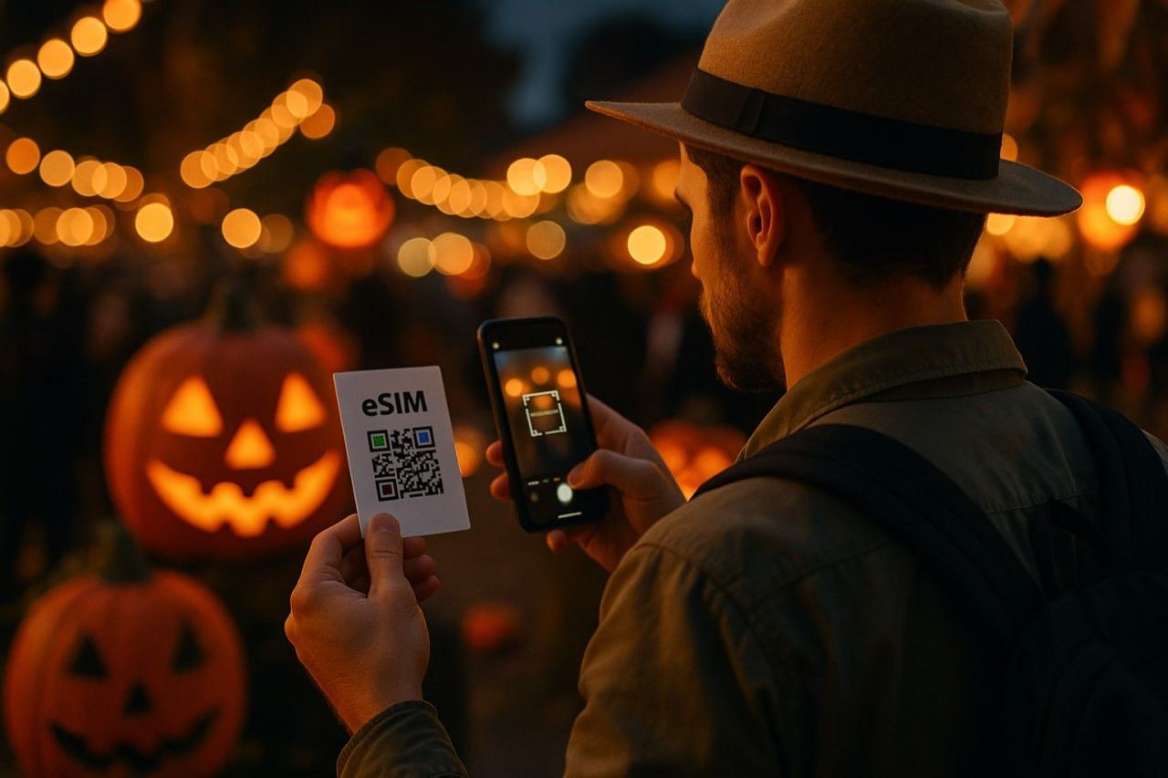 A wide-angle image of a traveler scanning a QR code eSIM while preparing for a Halloween night festival abroad