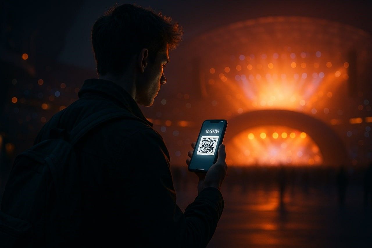 An artistically lit scene of a traveler scanning a QR code eSIM on their phone before entering a glowing concert arena