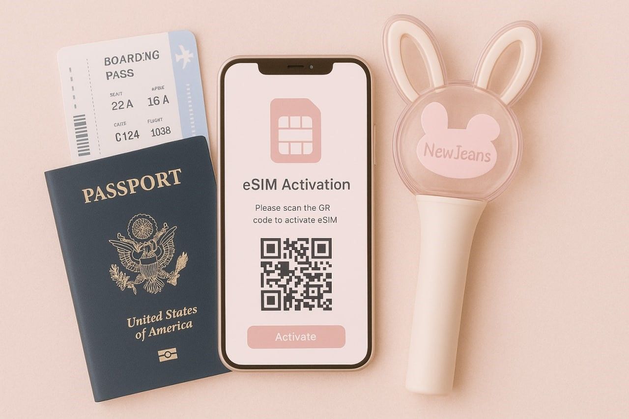 A travel-friendly flat lay of a smartphone showing an eSIM activation screen