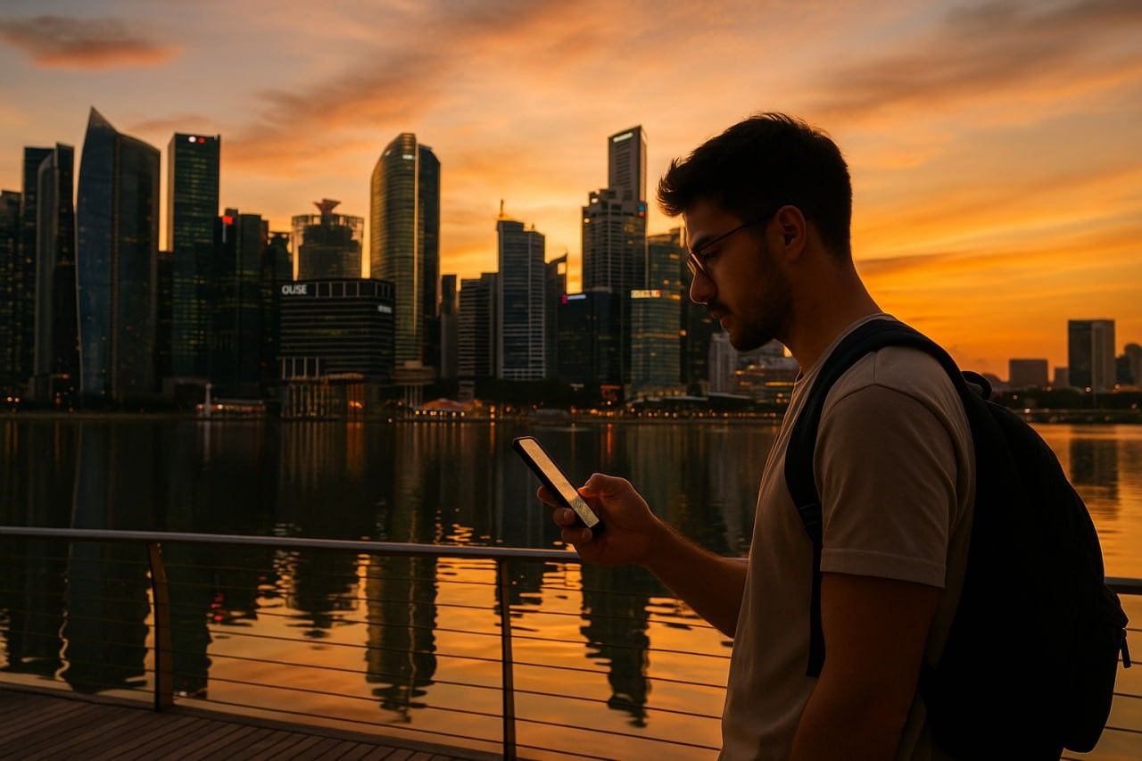 A traveller in Singapore’s Marina Bay area at sunset, checking their phone for directions with skyline reflections on the water