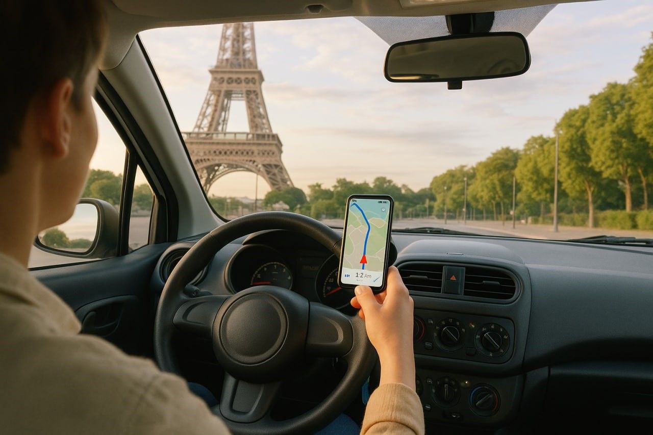A driver in a compact rental car using smartphone navigation near the Eiffel Tower, morning soft light