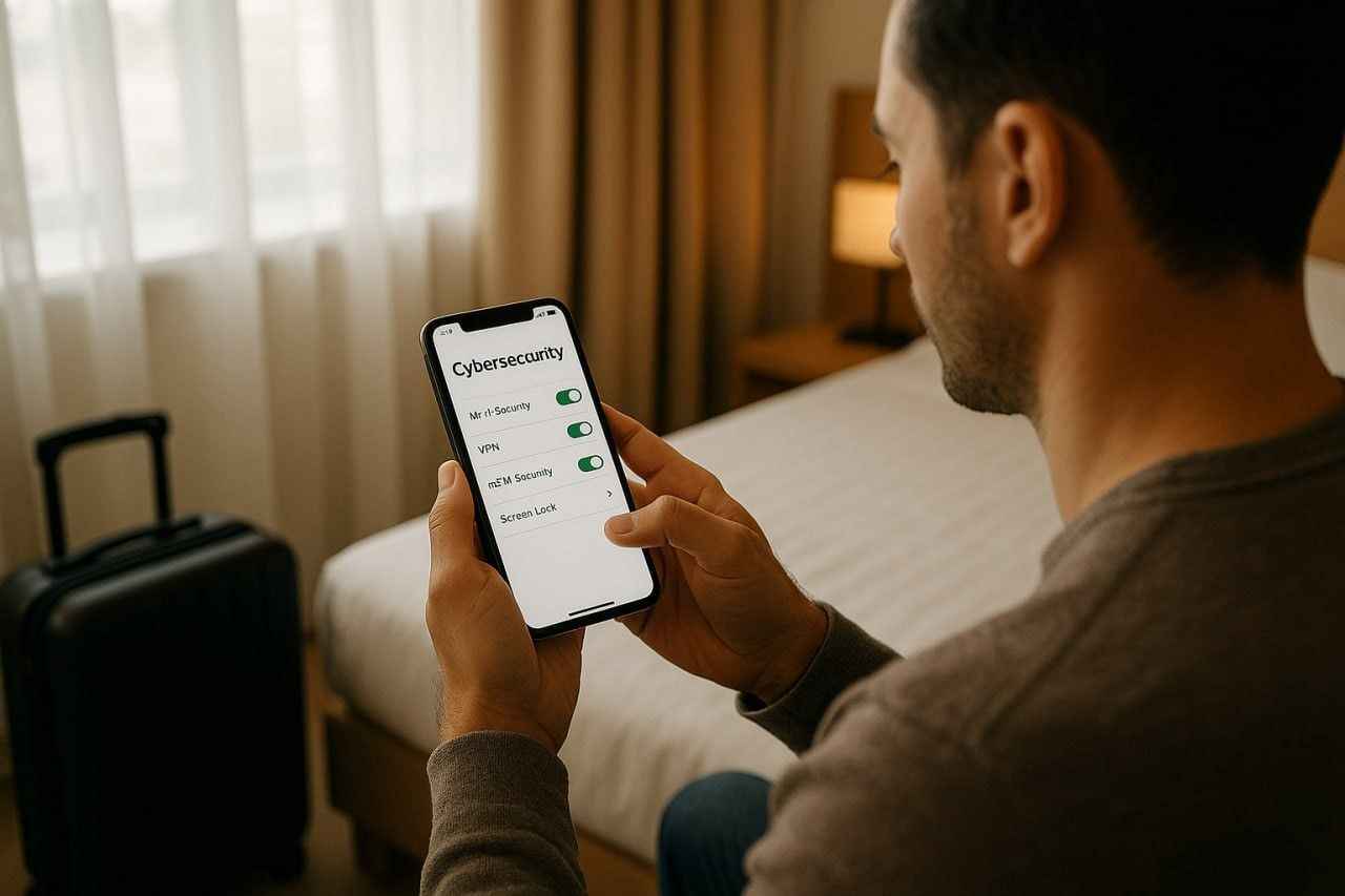 A traveler reviewing cybersecurity settings on a smartphone in a hotel room