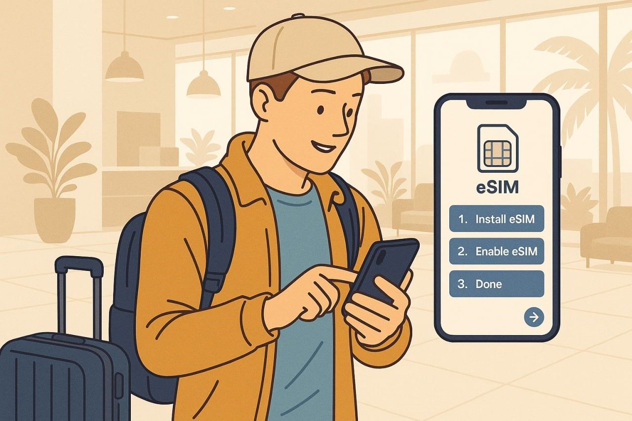 traveler activating esim on smartphone in bright hotel lobby, modern tech-forward travel scene