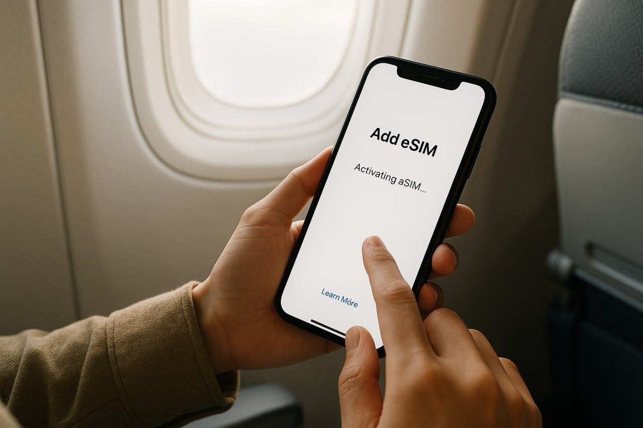 A close-up of a traveler activating an eSIM on their smartphone while seated near an airplane window