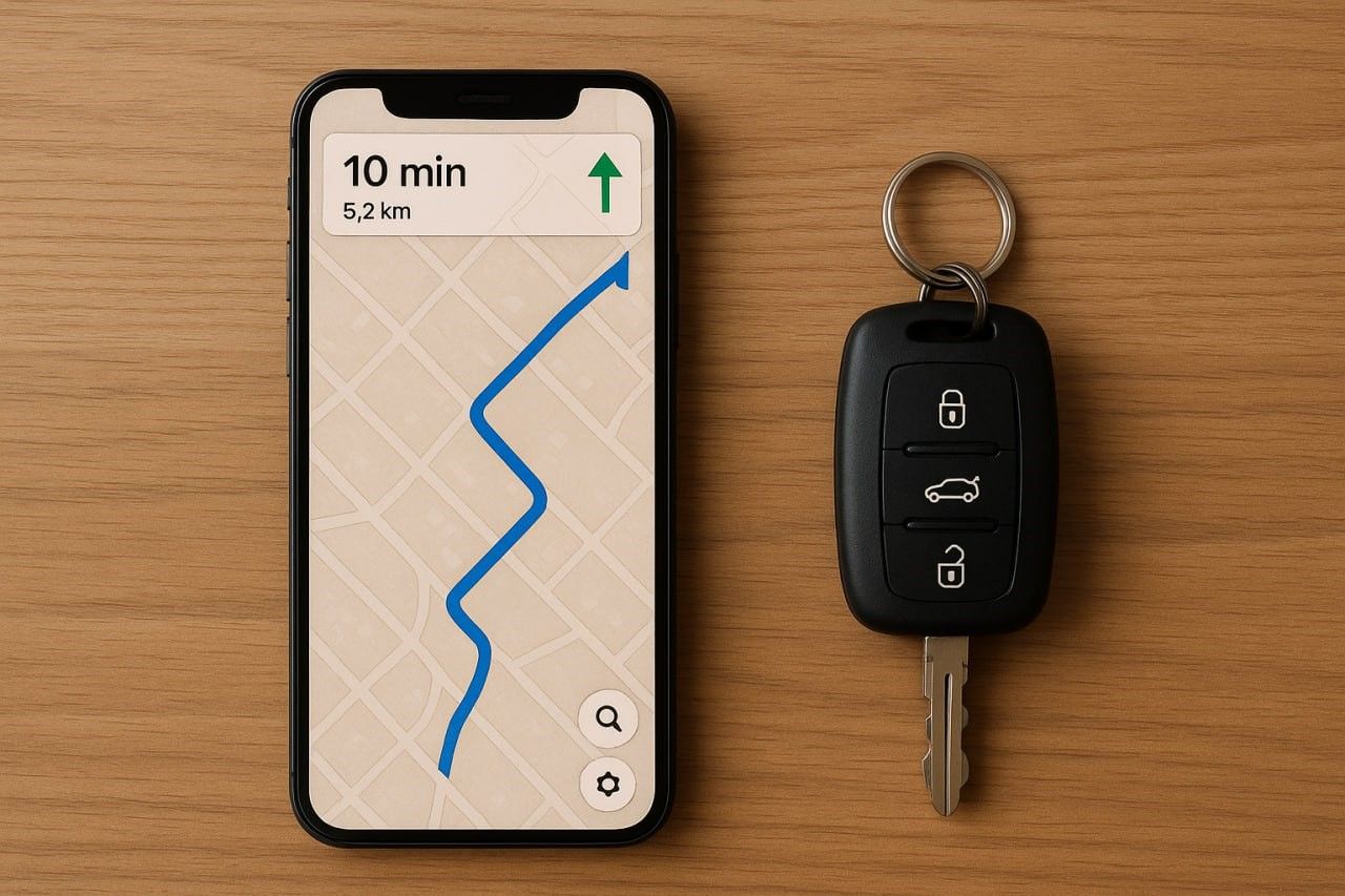 A descriptive prompt of a minimalist overhead shot showing a smartphone displaying GPS navigation beside a rental car key on a wooden table