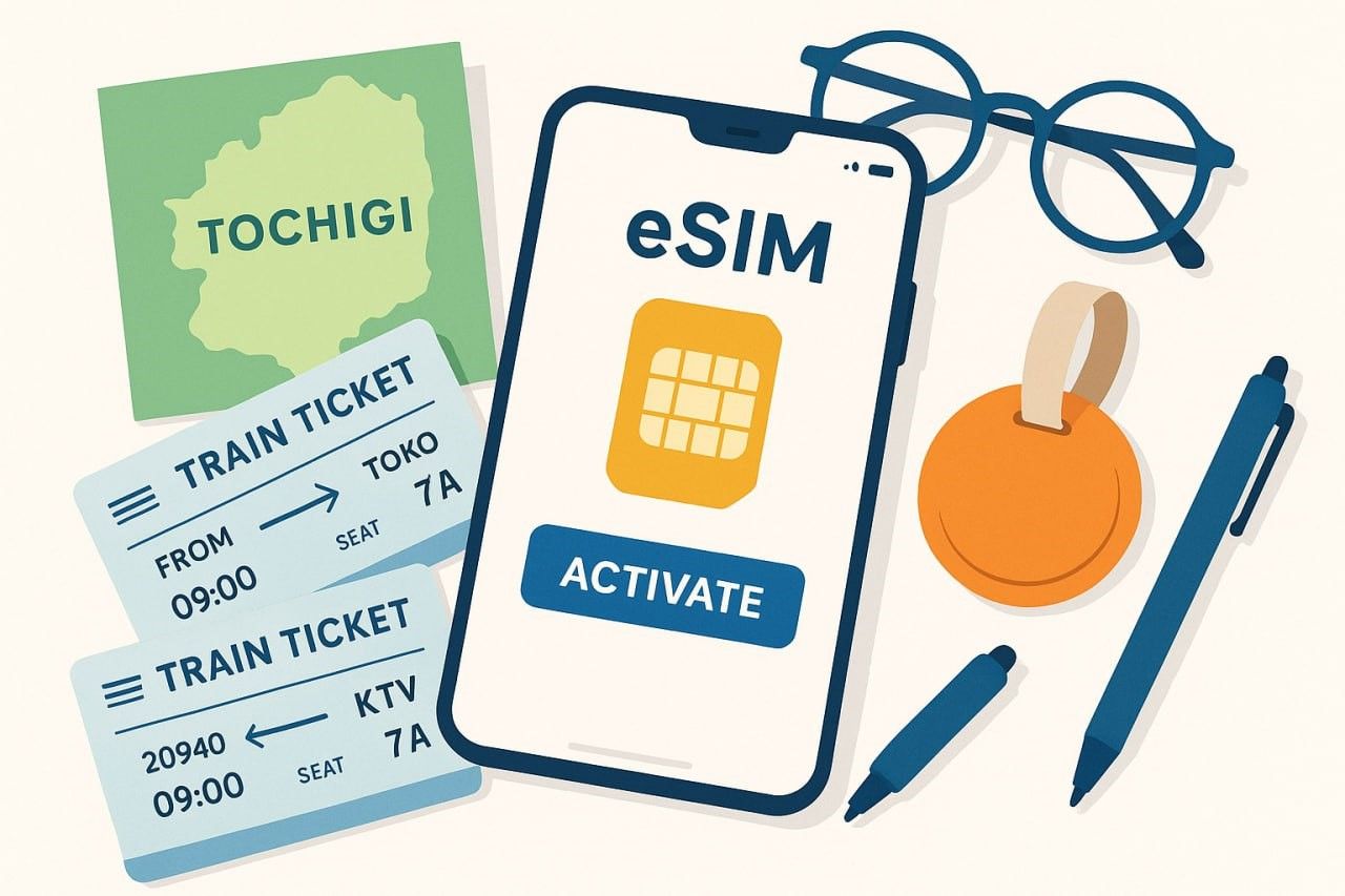 A bright, minimalist overhead illustration of a smartphone displaying an eSIM activation screen alongside train tickets, a map of Tochigi