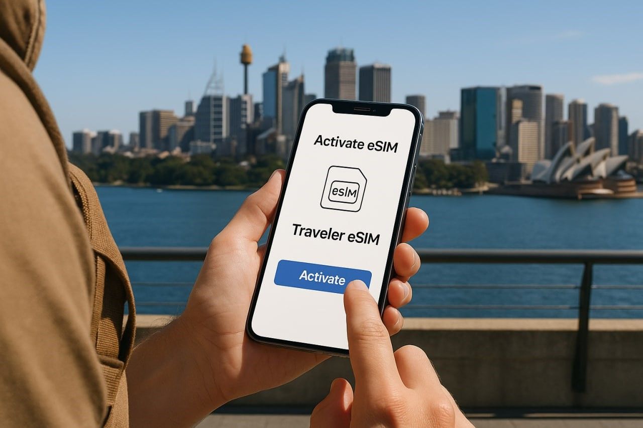 Travellers activating an eSIM on their smartphone while overlooking Sydney’s city skyline