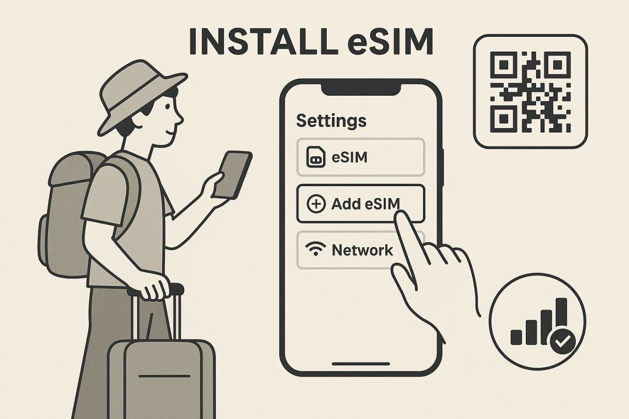 A helpful visual guide showing a traveler opening phone settings to install an eSIM
