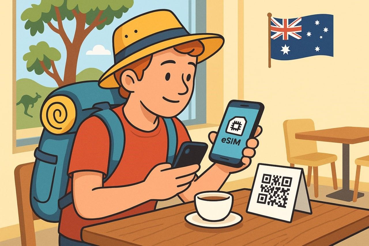 A traveler sitting in an Australian café, scanning a QR code on their phone to activate an eSIM