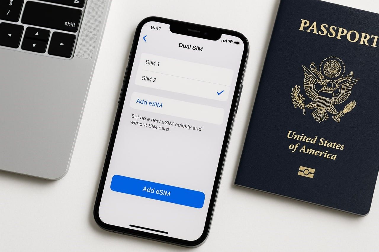 A flat-lay shot of a smartphone showing dual-SIM settings next to a passport and laptop