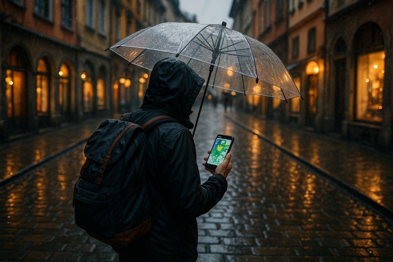 Traveler walking through a rainy European street while checking radar maps on their phone
