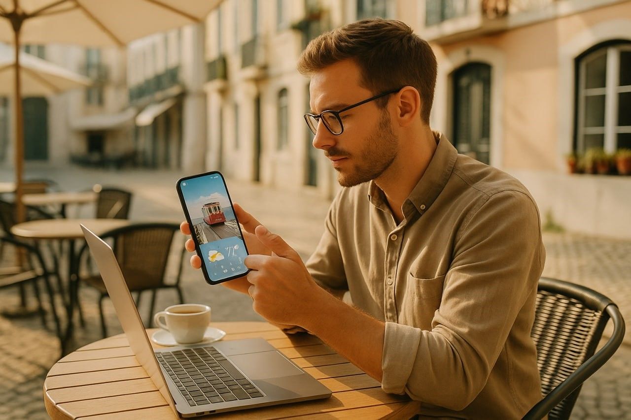 A digital nomad sitting at an outdoor café in Lisbon checking travel and weather apps on a smartphone