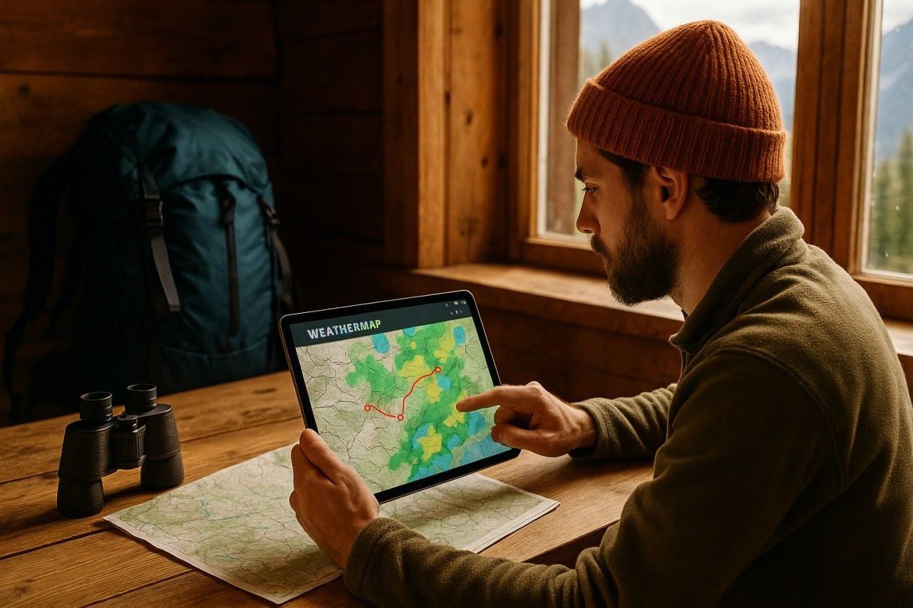 A digital nomad planning a hiking route using weather maps on a tablet in a mountain cabin