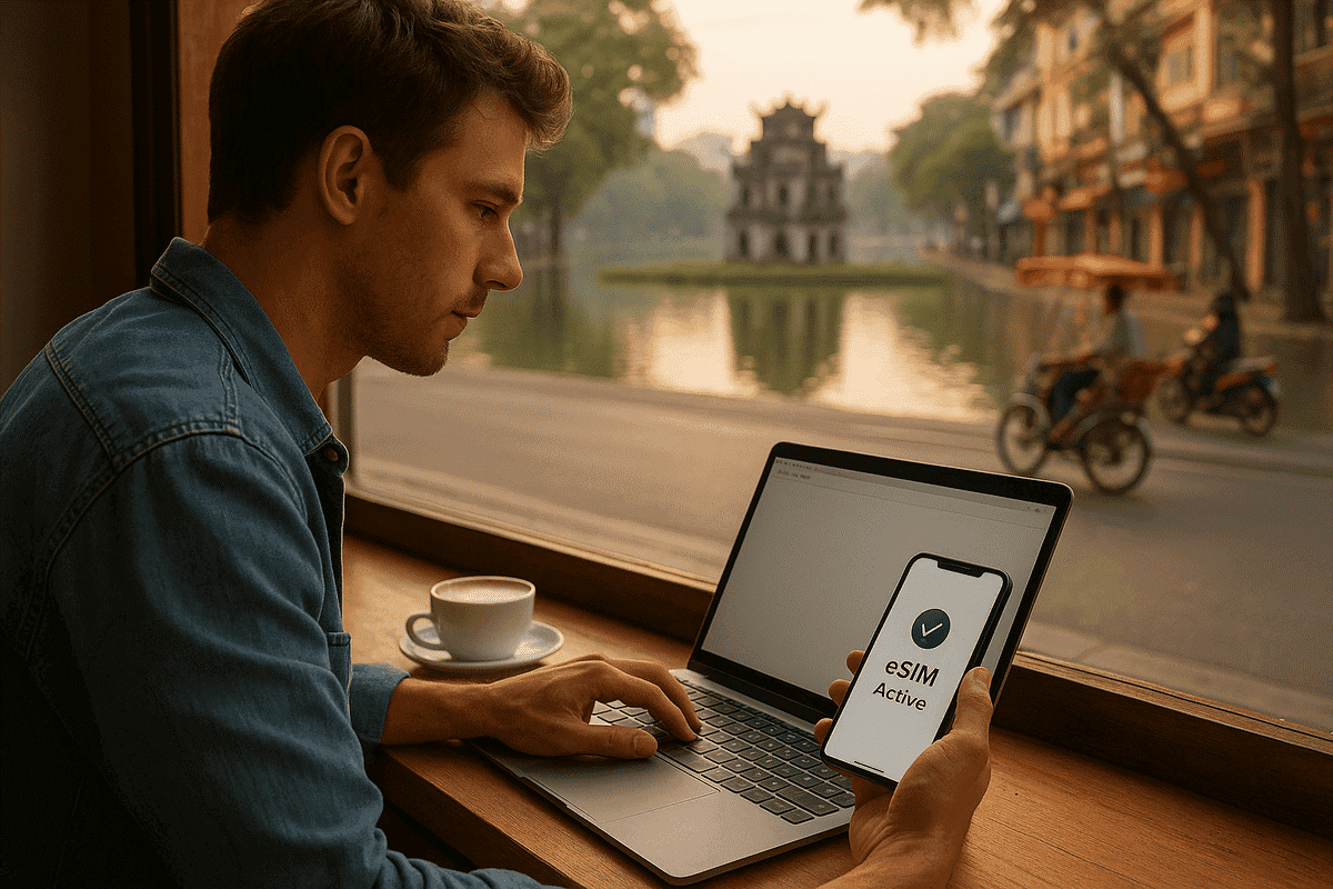 Traveler working from a café near Hoan Kiem Lake with phone showing active eSIM