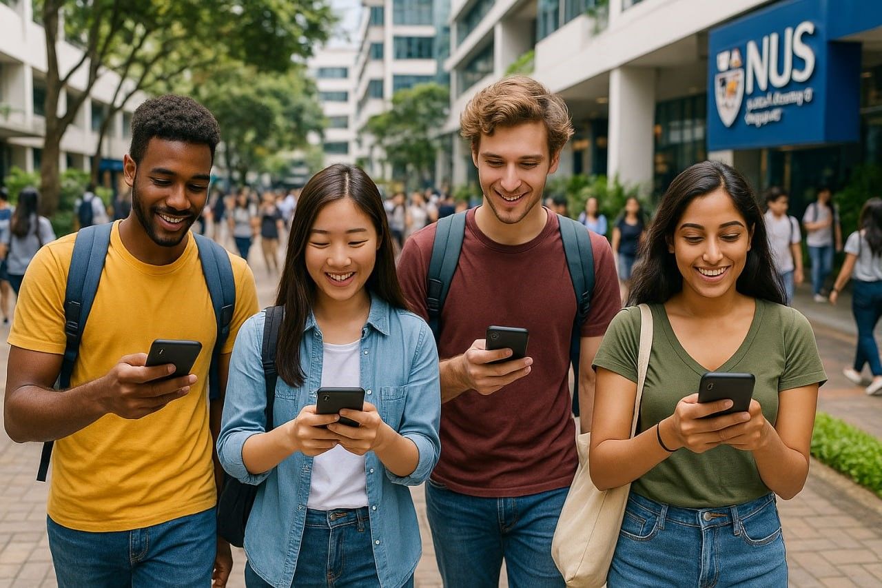 A busy NUS campus walkway with international students holding phones