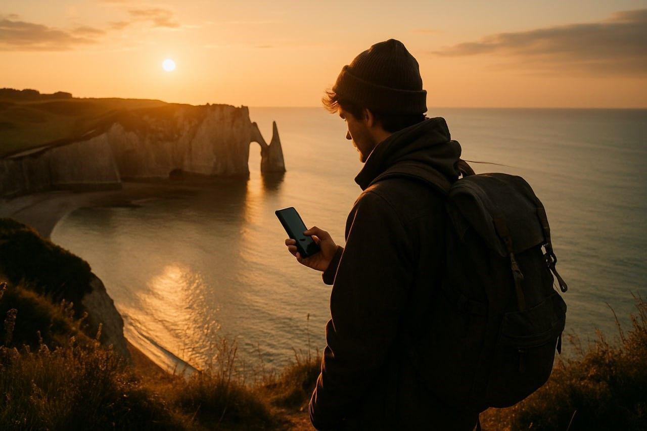 Traveler using smartphone on seaside cliffs during golden hour, Normandy coastal view