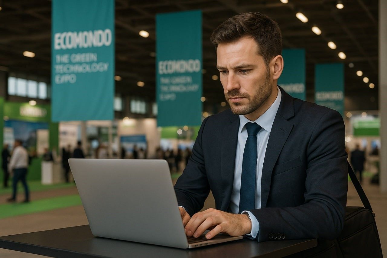 A professional traveler working on a laptop at a trade fair with banners of Ecomondo in the background