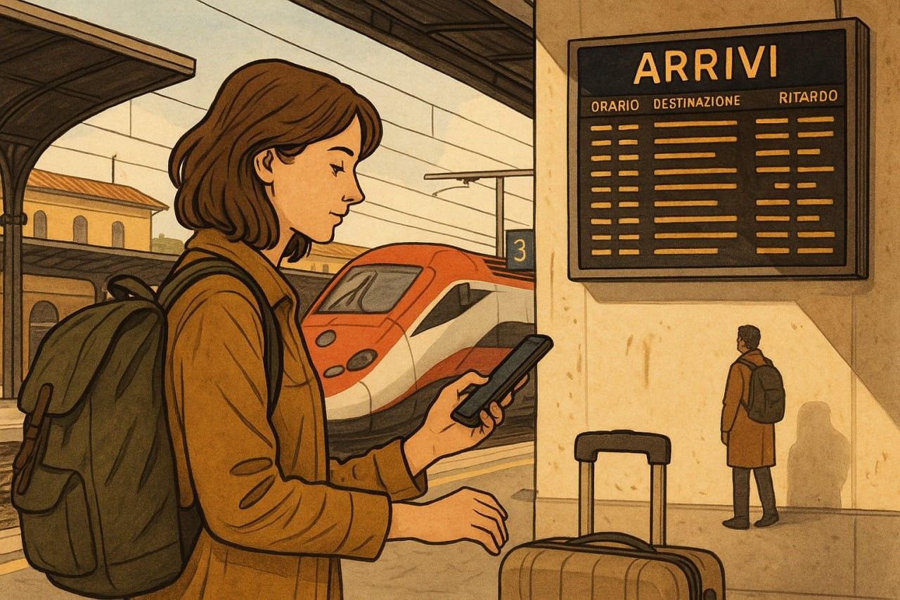 Italian train station scene with traveler using phone to check timetable