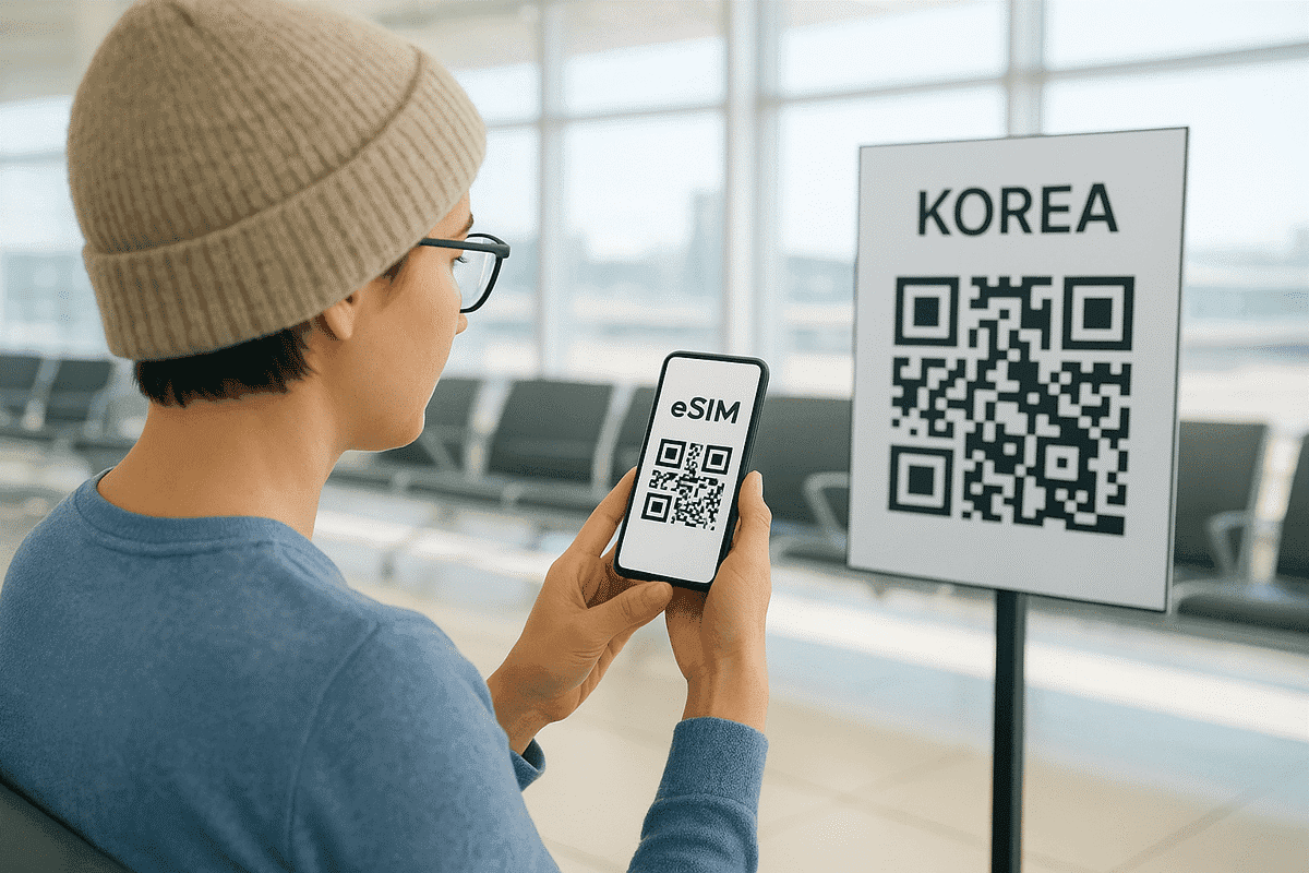 A digital traveler scanning a QR code on their phone in an airport lounge
