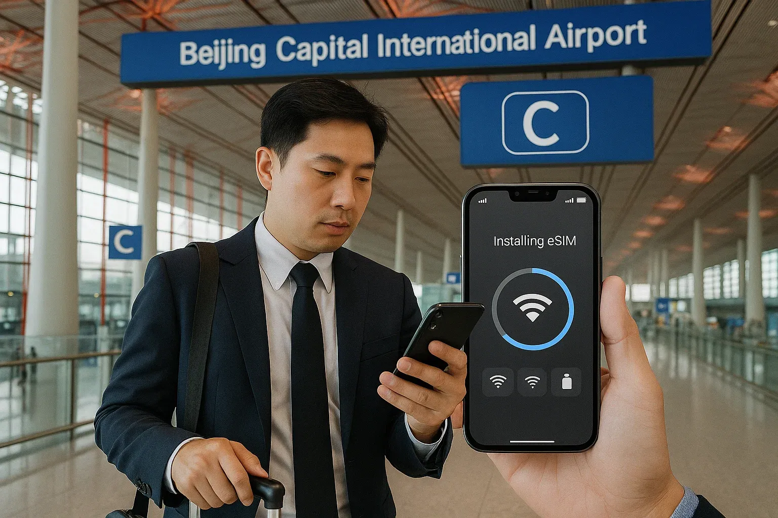 A business traveler at Beijing Capital International Airport installing a digital eSIM