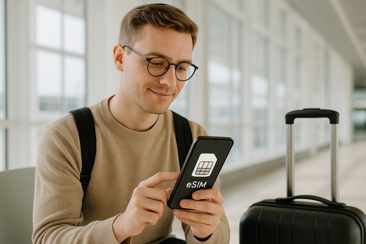 A calm traveler setting up an eSIM on their smartphone at an airport before departure