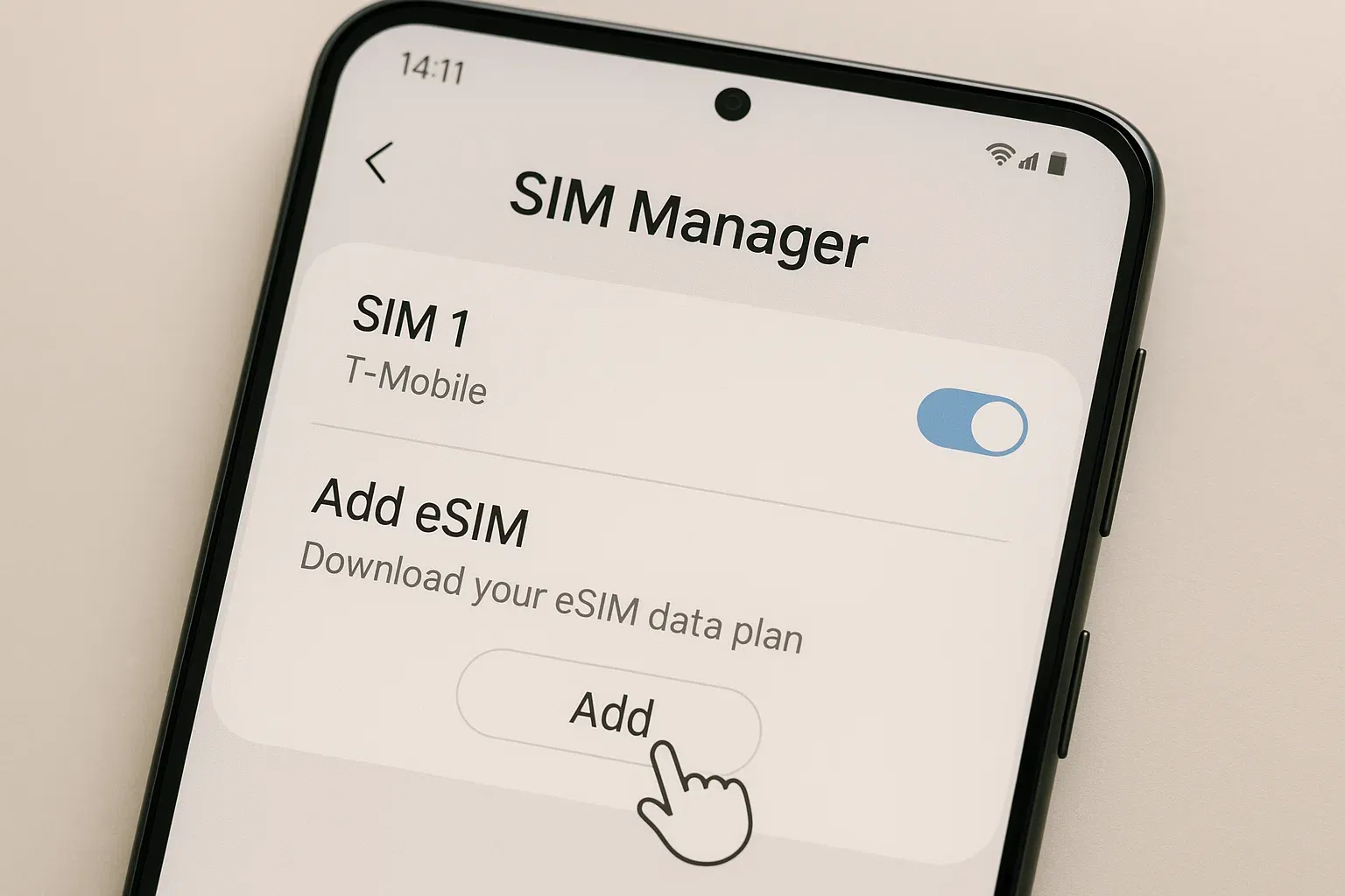 A close-up of a Samsung Galaxy screen showing SIM Manager with an eSIM being added