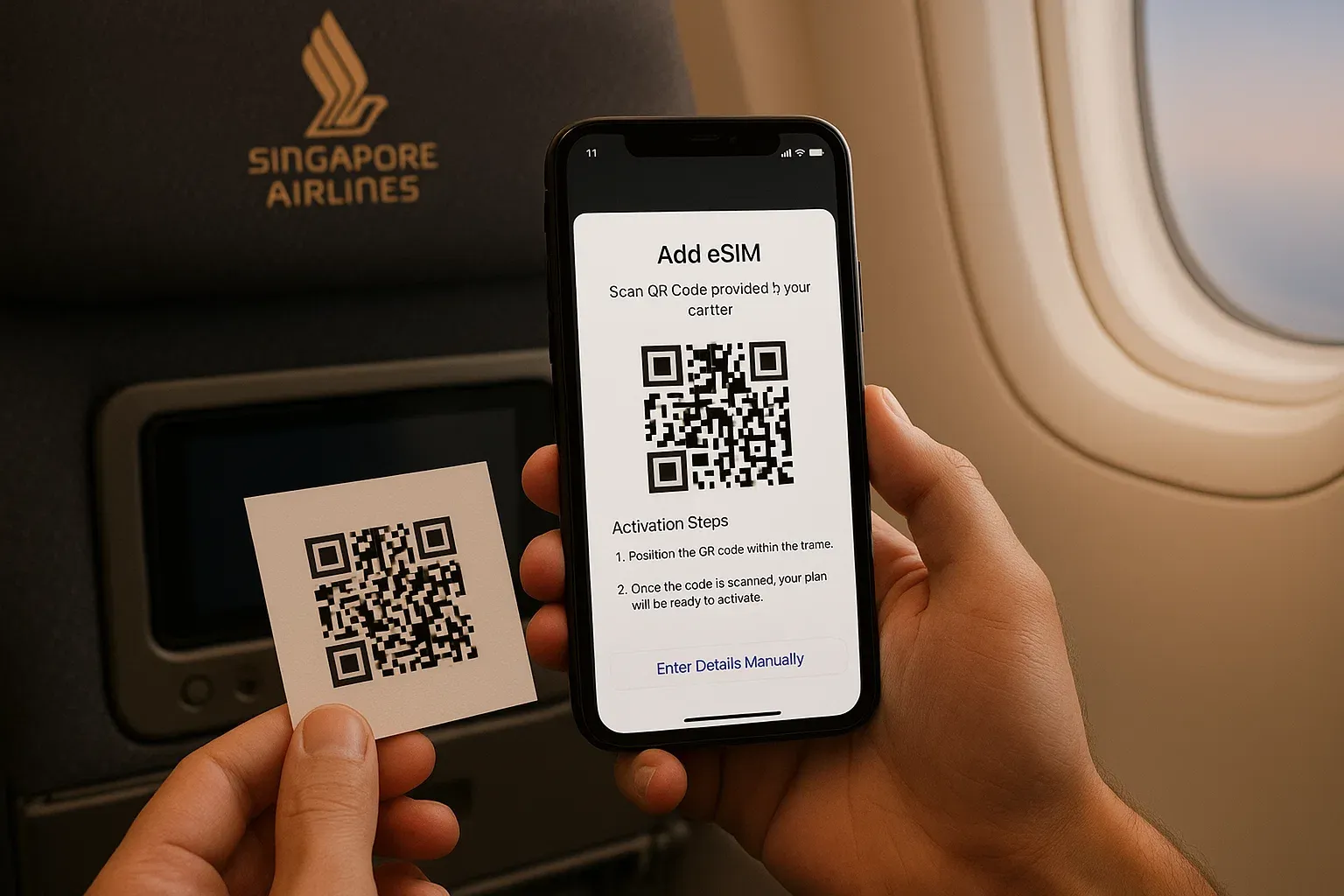 A close-up shot of a traveler scanning an eSIM QR code on a smartphone while seated on a Singapore Airlines flight; calm cabin lighting, detailed focus on device activation steps.